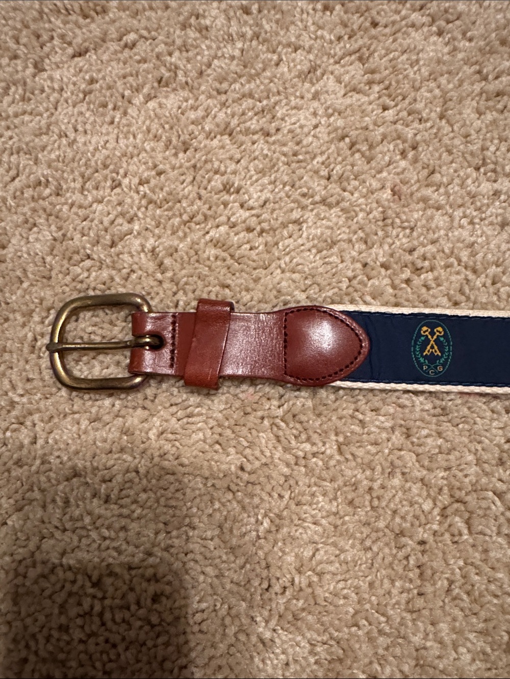 Peachtree Golf Club (PCG) Men's Navy Canvas Belt with Brown Leather Trim